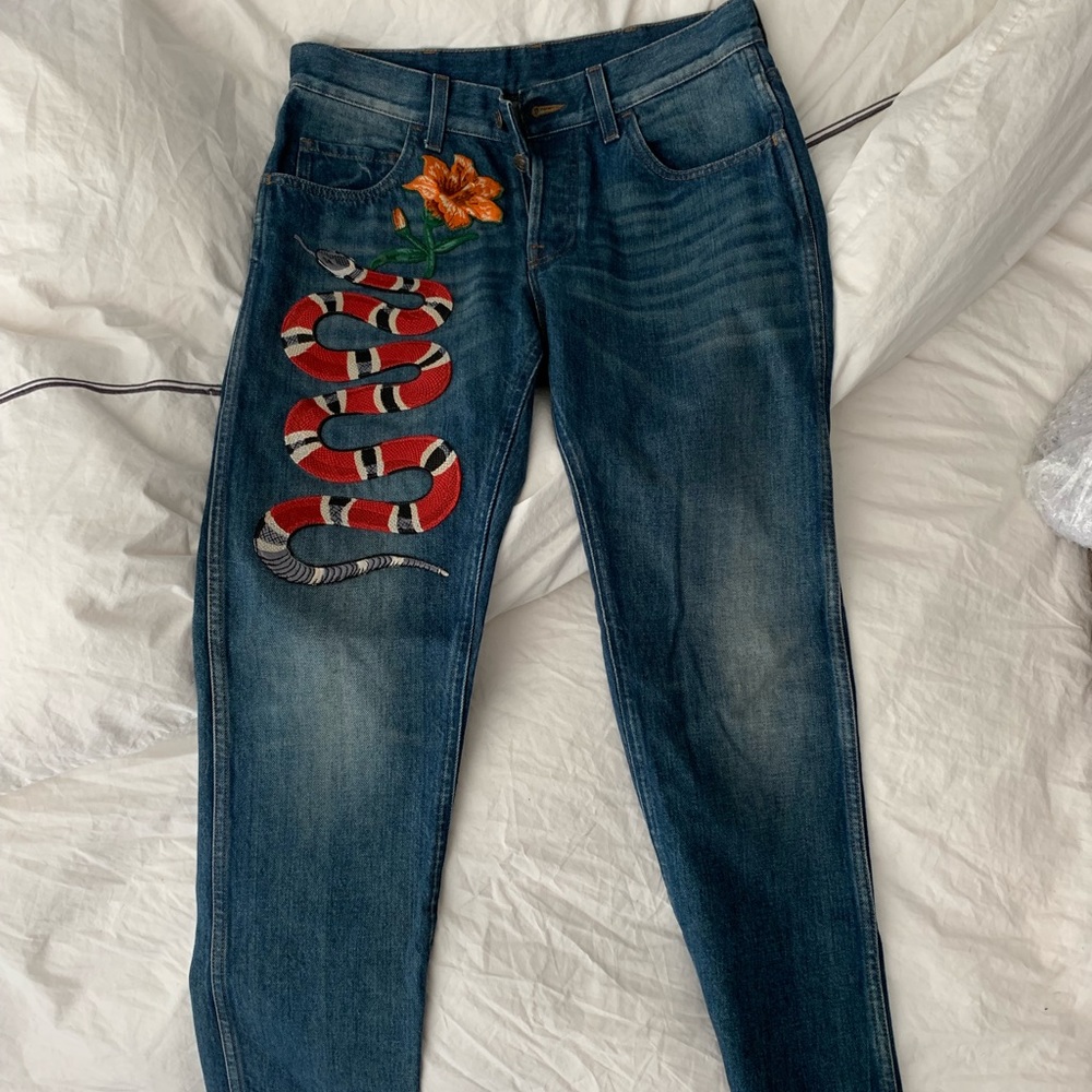 Gucci denim w/ snake embroidery